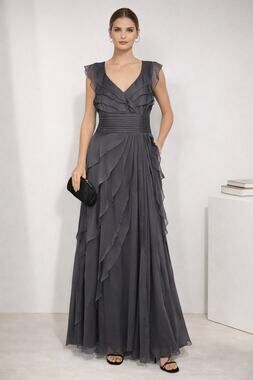 Adriana Papell Womens Maxi Formal Dress Size 8 Silvery Gray Ruffles Fairy Grunge